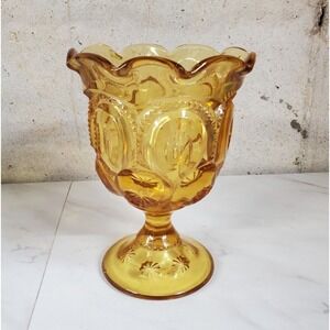 Vintage LE Smith MCM Amber Moon and Stars Ruffled Pedestal Compote‎ 6"
